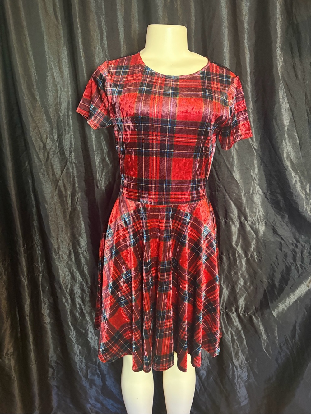 Unique Vintage Red Plaid Velvet Fit & Flare Midi Dress